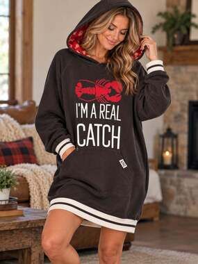 Lazy One Lobster Gray Hooded Obersized Long Sleep Hoodie. NWT. LADIES L/xl